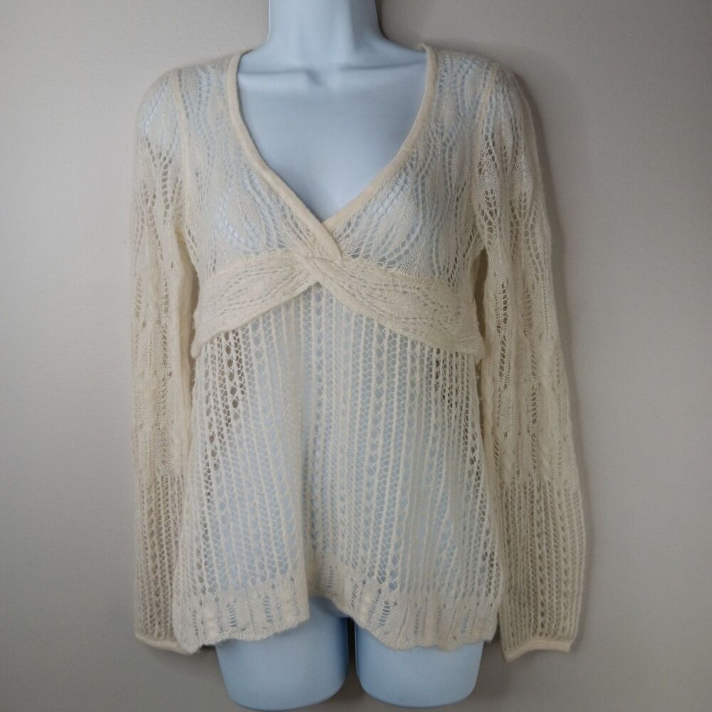 Knitted and Knotted Sweater Women's Small Knit Lace Wool Blend Cream Coquette
